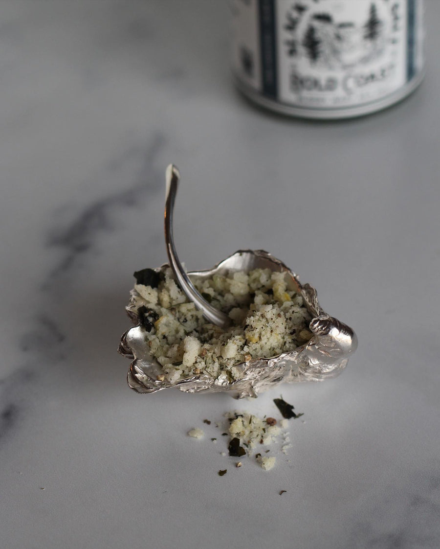 Solid Sterling Silver Oyster Salt cellar with spoon - Slack Tide Sea Salt